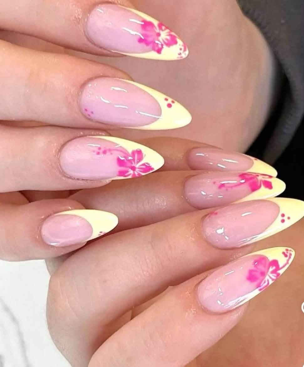 Soft Almond French Nails with Pink Hibiscus Nail Art