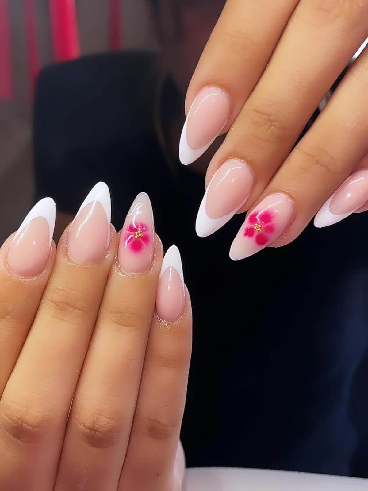 Classic White Stiletto French Tips with Pink Flower Accent