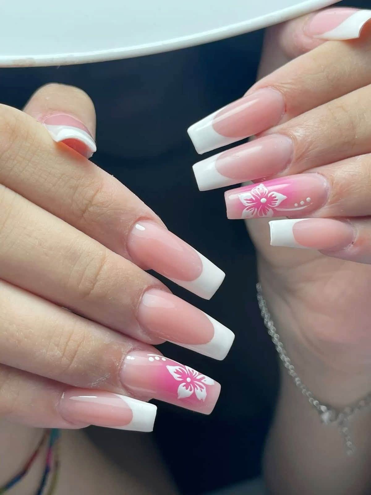 Square French Manicure with White & Pink Floral Accent
