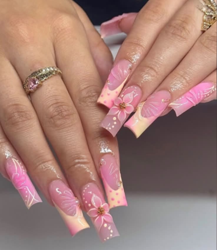 Extra Long Square Pink Ombre Nails with 3D Gel Flowers